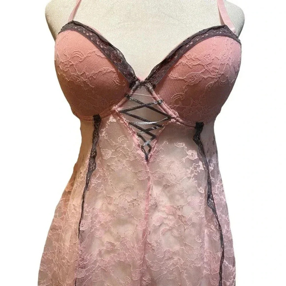 Native Intimates Women's 34C Cup Sexy Night Wear Sleep Wear Pink Lace with Gray - Picture 2 of 7